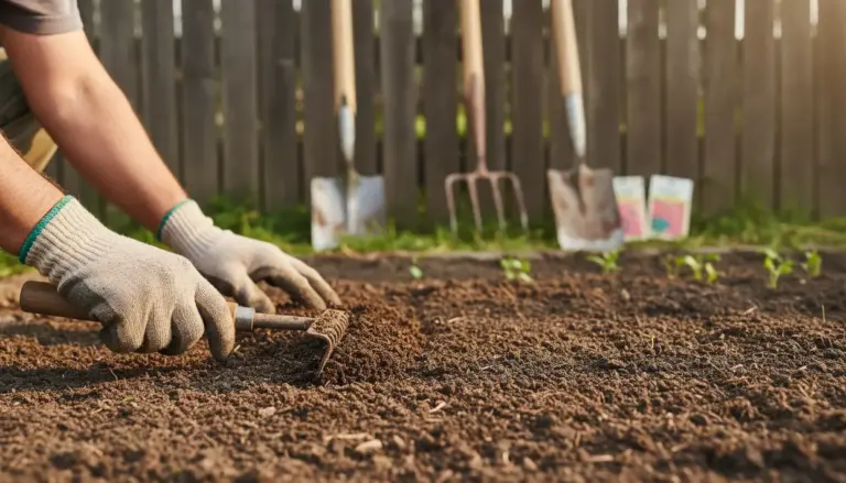 Persona con guanti che rastrella e livella il terreno dell’orto prima della semina, con attrezzi da giardinaggio sullo sfondo