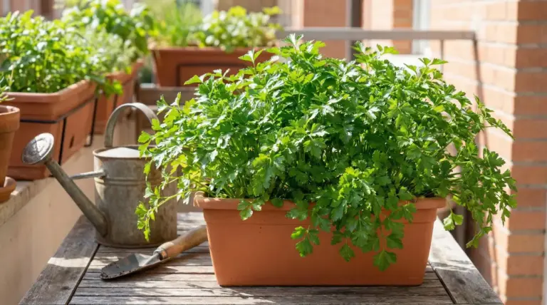 Vaso di prezzemolo folto e verde su un balcone, con annaffiatoio e attrezzi da giardinaggio sul tavolo