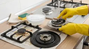 Persona con guanti gialli pulisce un bruciatore a gas sotto l'acqua con una spazzola