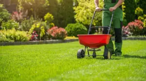 Persona che sparge fertilizzante sul prato con uno spandiconcime a carrello in un giardino curato