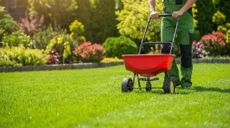 Persona che sparge fertilizzante sul prato con uno spandiconcime a carrello in un giardino curato