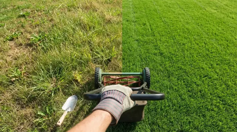 Tagliaerba manuale su prato: a sinistra erba alta e secca, a destra prato verde appena rasato