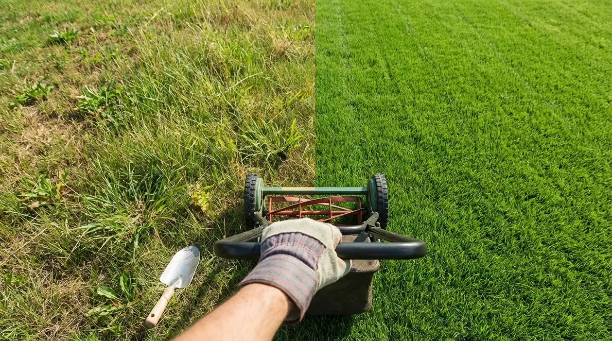 Tagliaerba manuale su prato: a sinistra erba alta e secca, a destra prato verde appena rasato