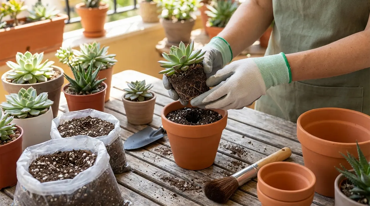 Rinvaso di una pianta grassa: mani con guanti sistemano una succulenta in un vaso di terracotta con terriccio drenante