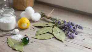 Rimedi naturali contro i pesciolini d’argento: lavanda, alloro, limone e polvere bianca su un tavolo in legno