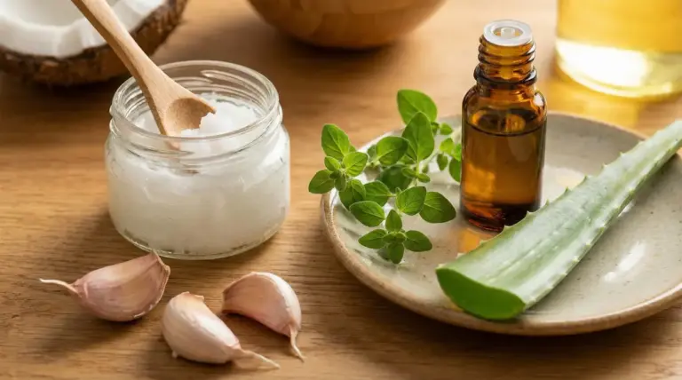 Rimedi naturali con olio di cocco, aglio, aloe vera e olio essenziale su tavolo in legno