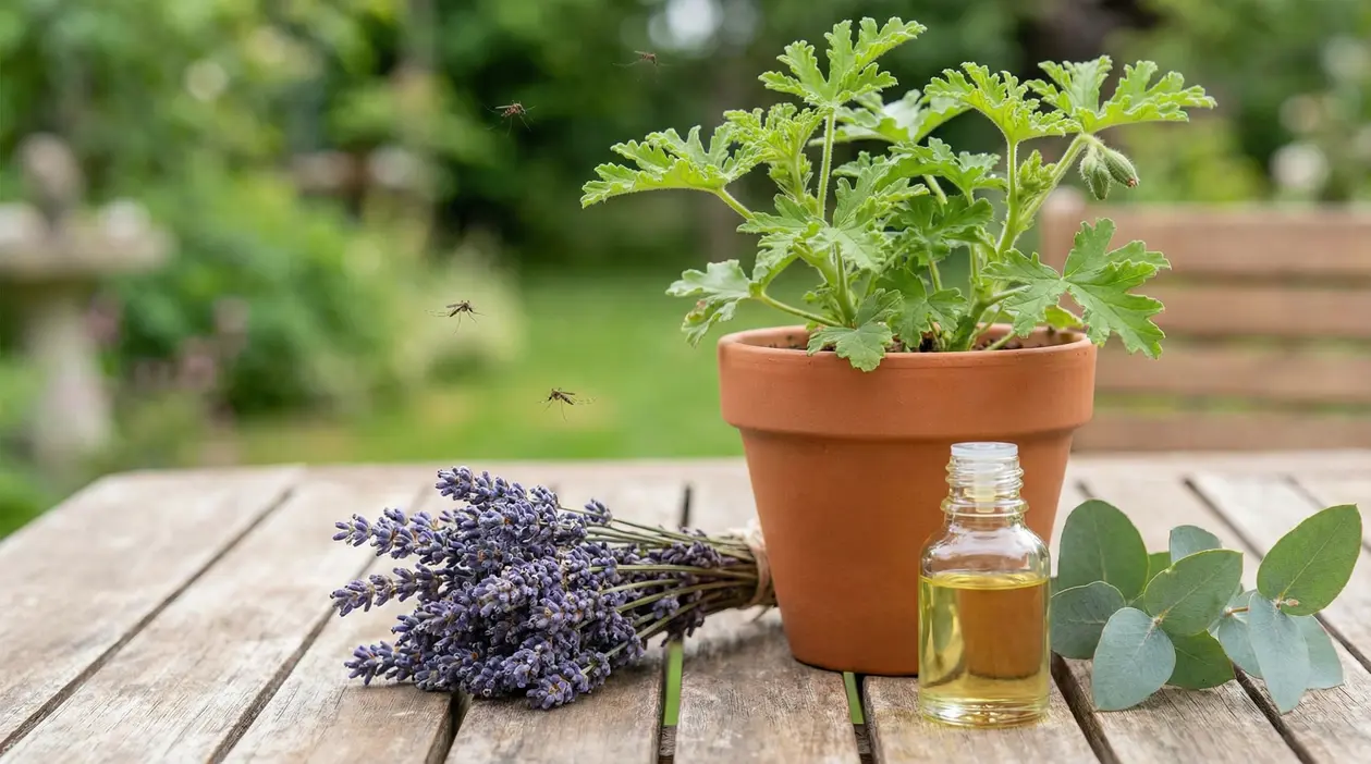 Pianta aromatica in vaso con lavanda e olio essenziale su tavolo, rimedio naturale per tenere lontane le zanzare