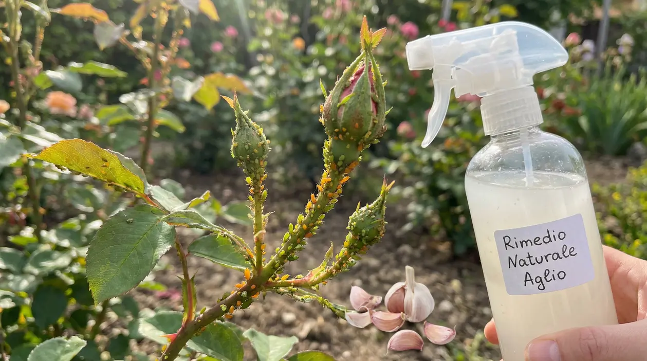 Colonia di pidocchi su boccioli di rosa e spray naturale all'aglio tenuto da una mano