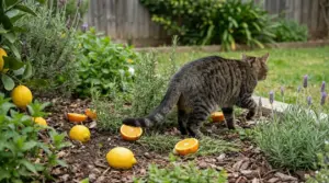Gatto che cammina tra erbe aromatiche e agrumi in giardino, possibile rimedio naturale per tenerlo lontano