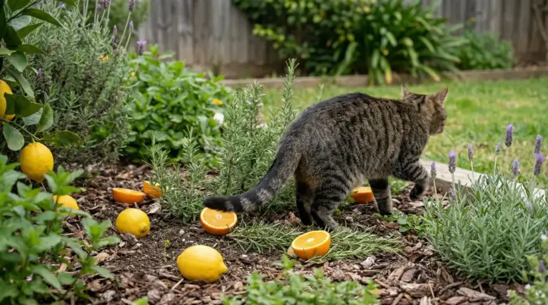 Gatto che cammina tra erbe aromatiche e agrumi in giardino, possibile rimedio naturale per tenerlo lontano