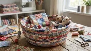Cestino di stoffa patchwork con pupazzi e oggetti cuciti a mano su un tavolo da cucito