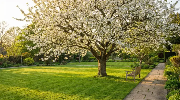 Albero da frutto in fiore in un giardino con prato verde, panchina e vialetto in pietra
