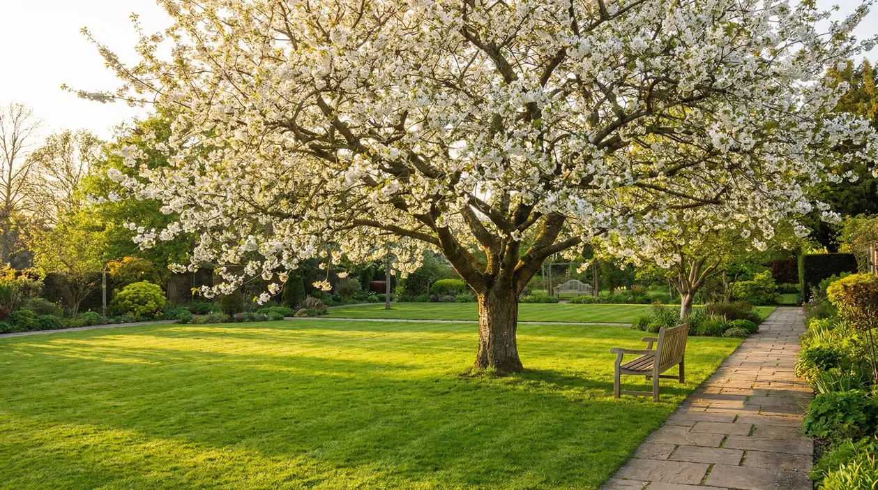 Albero da frutto in fiore in un giardino con prato verde, panchina e vialetto in pietra