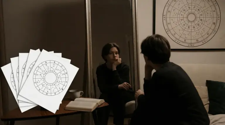 Persona seduta davanti a uno specchio con una carta astrologica sul tavolo