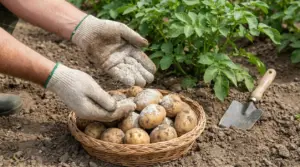 Mani con guanti cospargono sostanza bianca su patate in un cesto vicino a piante di patate