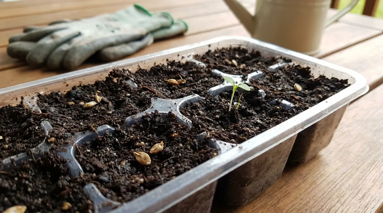 Vaschetta per semina con terriccio e un germoglio appena nato; semi non germinati visibili in alcune celle