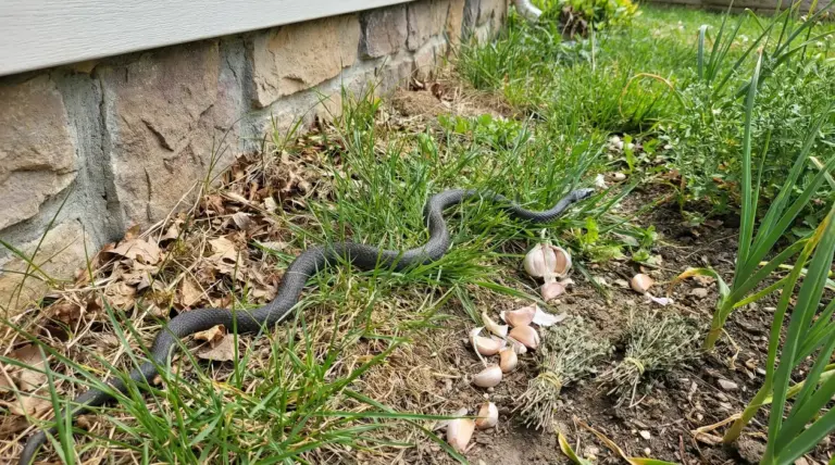 Serpente nero striscia tra l'erba vicino a un muro di casa accanto ad aglio e piante aromatiche