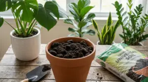 Vaso in terracotta con terriccio e piante da interno sullo sfondo, accanto a un sacco di terriccio universale