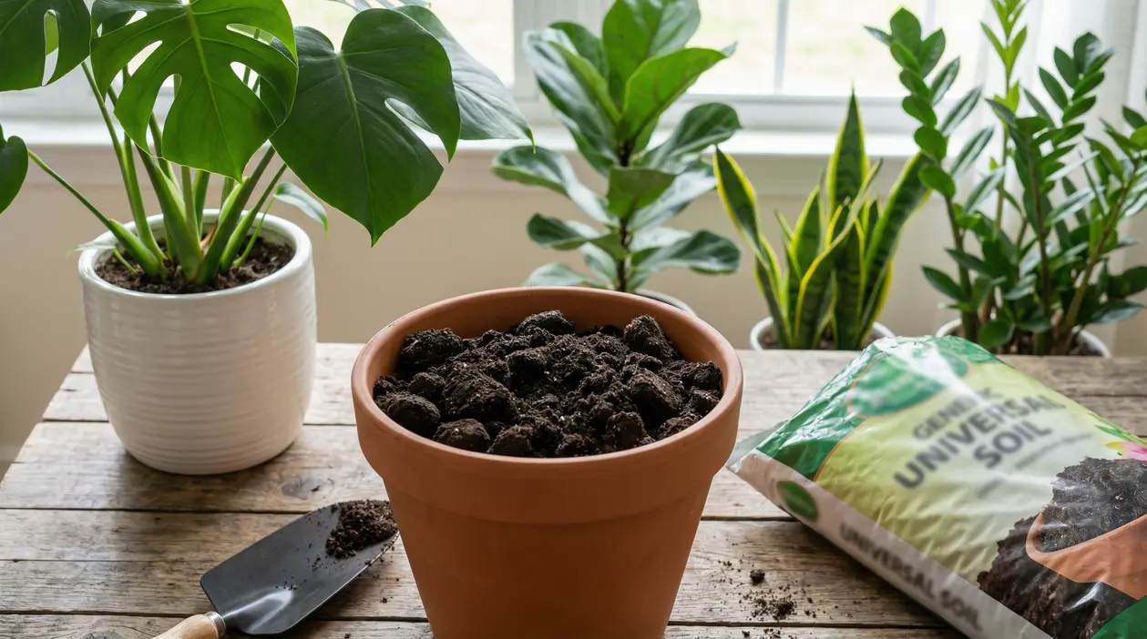 Vaso in terracotta con terriccio e piante da interno sullo sfondo, accanto a un sacco di terriccio universale