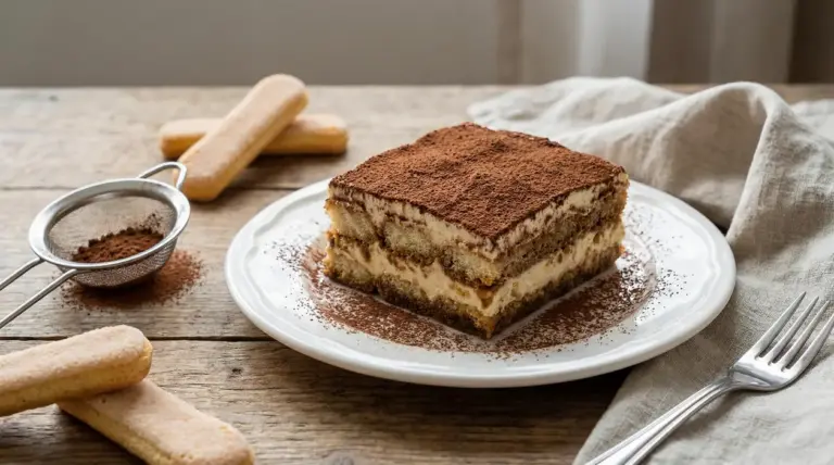 Fetta di tiramisù su un piatto bianco con cacao in polvere e savoiardi sul tavolo