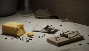 Trappola per topi con esca e formaggio vicino a un topo in cucina, con escrementi sul pavimento