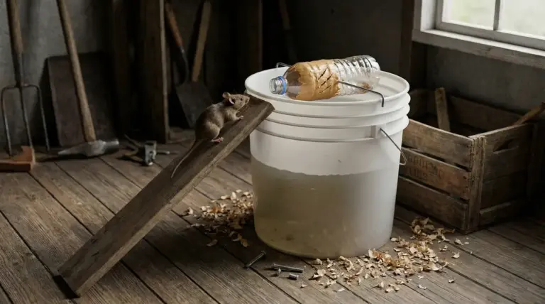 Trappola fai da te per topi con secchio, bottiglia e asse di legno in un ambiente rustico