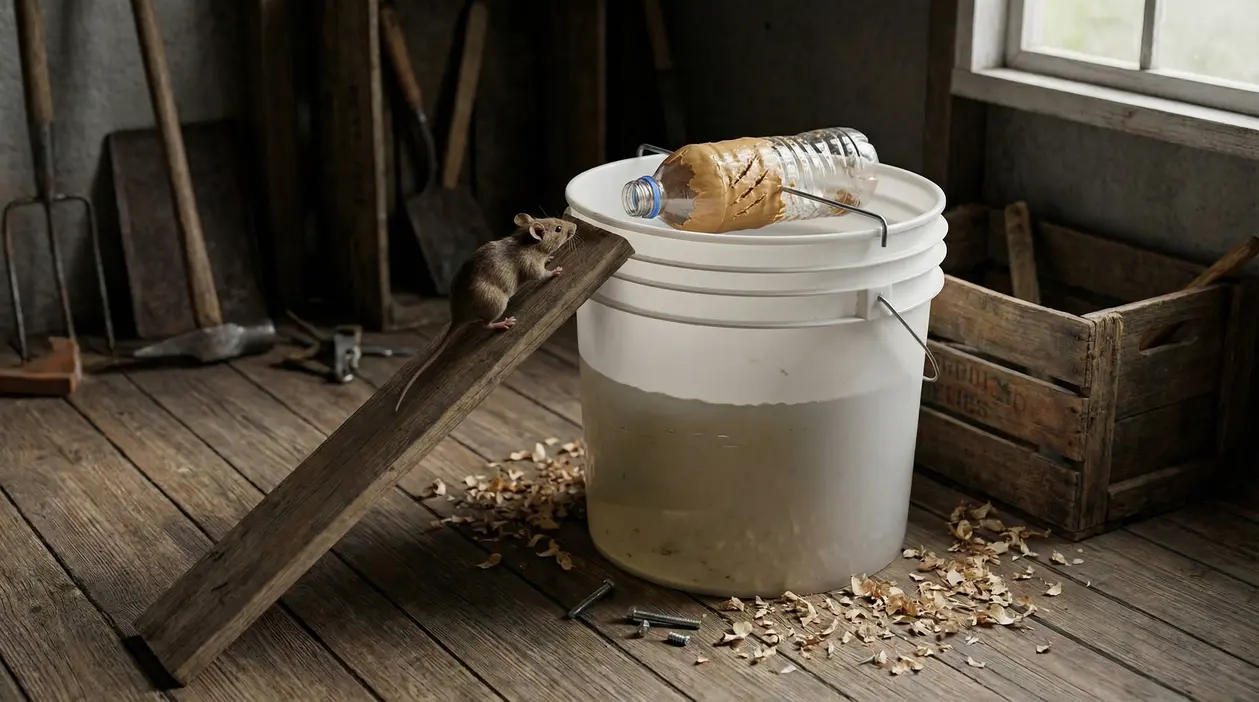 Trappola fai da te per topi con secchio, bottiglia e asse di legno in un ambiente rustico