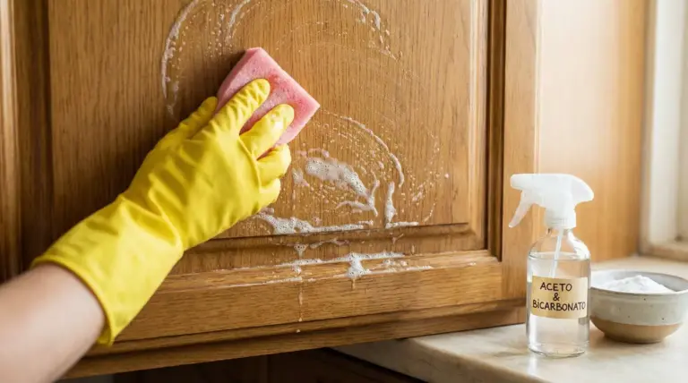 Una mano con guanto giallo pulisce un mobile da cucina in legno con una spugna e soluzione di aceto e bicarbonato.