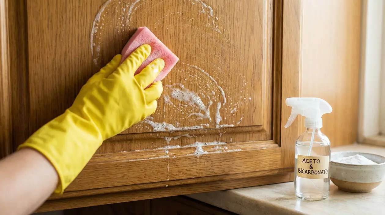 Una mano con guanto giallo pulisce un mobile da cucina in legno con una spugna e soluzione di aceto e bicarbonato.