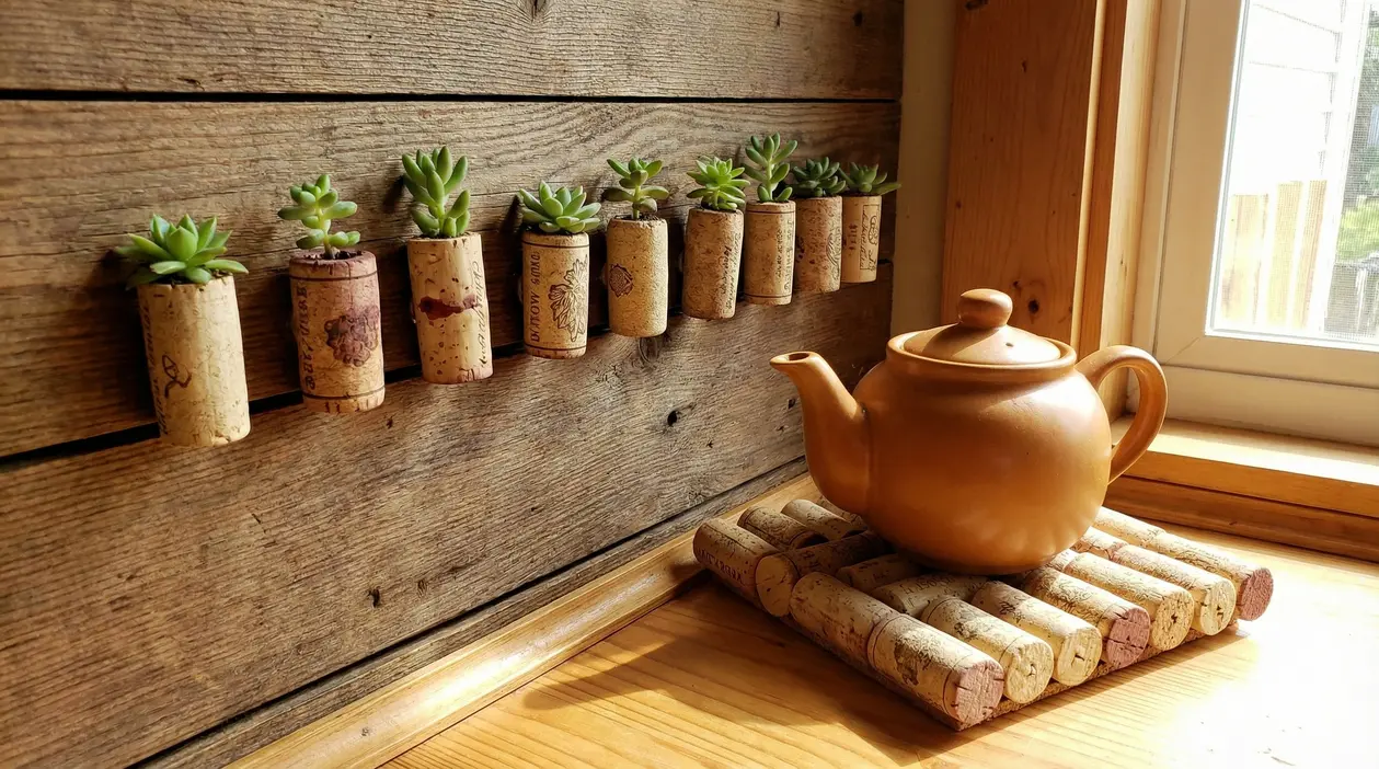 Vasetti per piante grasse ricavati da tappi di sughero e sottopentola fai da te con tappi sotto una teiera