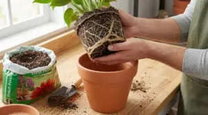 Una persona rinvasa una pianta con radici visibili in un vaso di terracotta