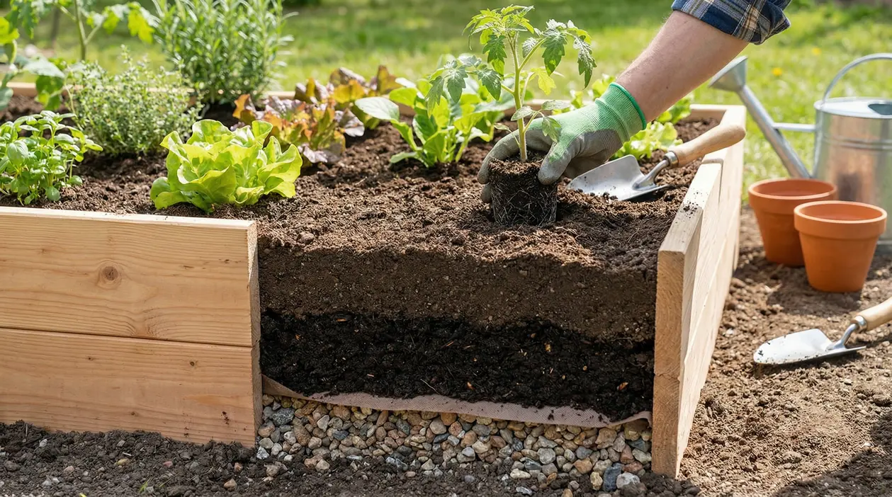 Persona con guanti trapianta una piantina in un orto rialzato con strati di ghiaia e terriccio drenante