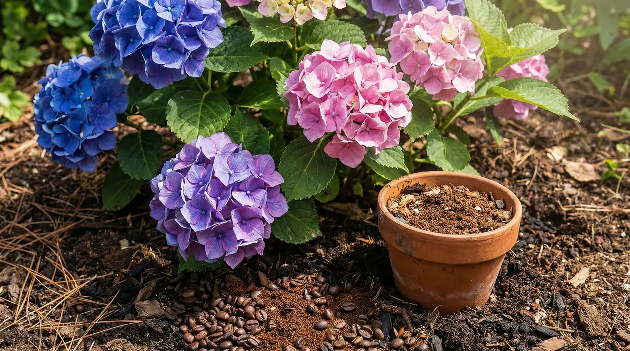 Ortensie rosa, viola e blu in giardino con vasetto di terracotta e fondi di caffè sul terreno
