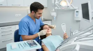 Paziente dal dentista durante una visita odontoiatrica in uno studio moderno