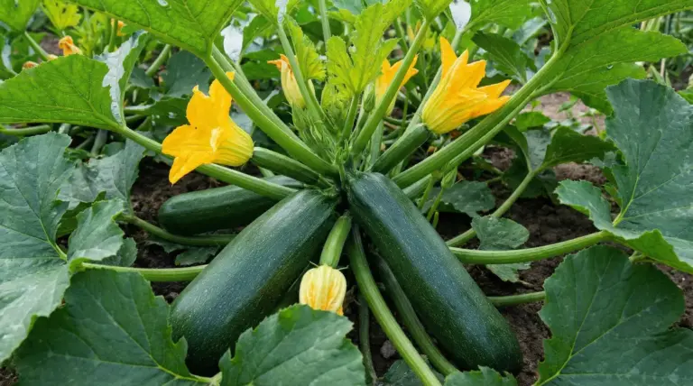 Pianta di zucchine con frutti maturi e fiori gialli in un orto.