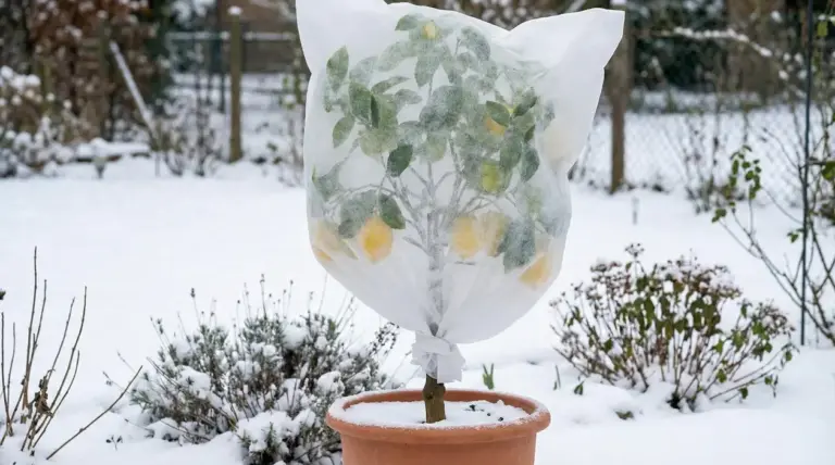 Pianta di limone in vaso coperta con tessuto non tessuto in giardino innevato per proteggerla dal gelo
