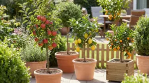 Alberi da frutto in vaso per piccoli giardini: melo, limone e agrume con frutti arancioni su un patio soleggiato