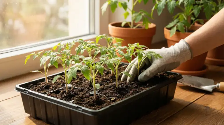 Piantine di pomodoro in semenzaio sul davanzale, con una mano guantata che sistema il terriccio