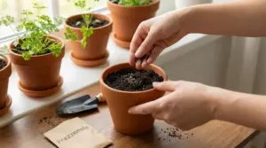 Mani che seminano prezzemolo in un vaso di terracotta sul davanzale, con piantine verdi in altri vasi vicino