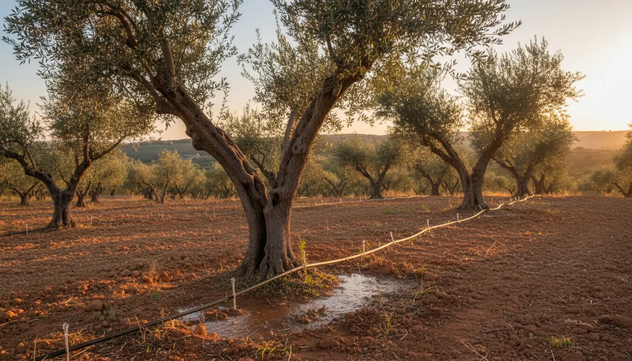 Uliveto con irrigazione a goccia lungo le file di olivi, con terreno umido al tramonto