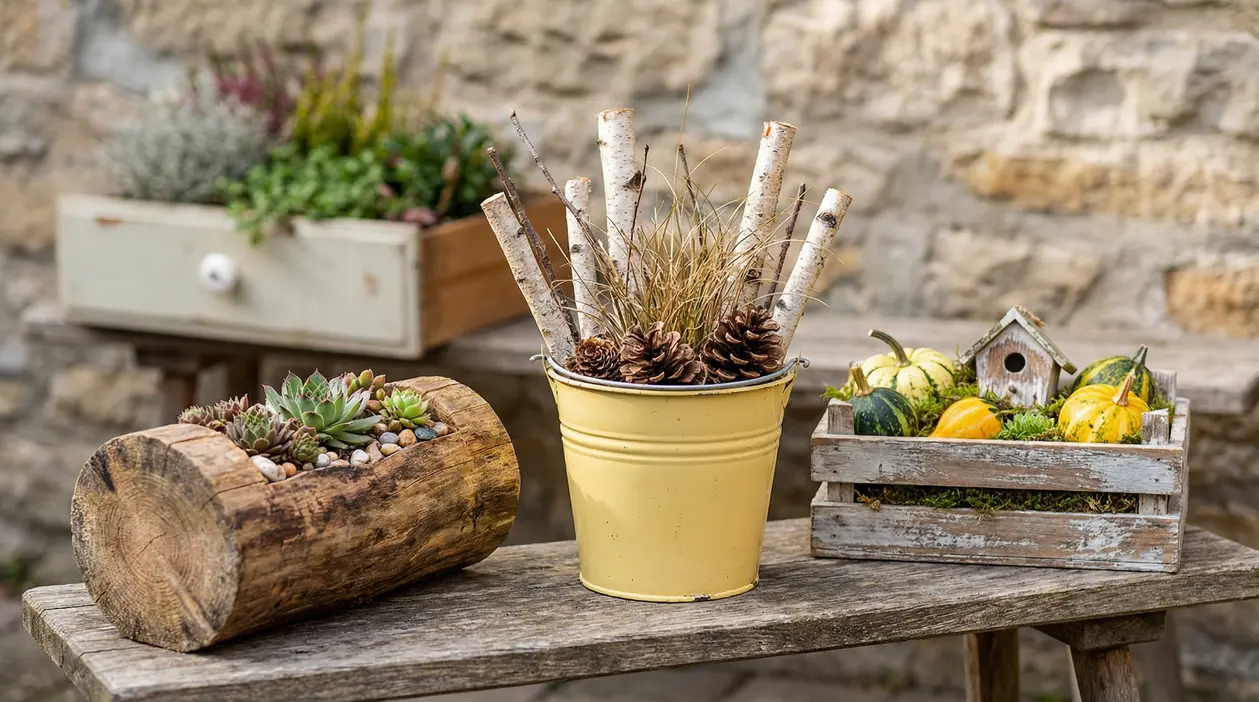 Fioriere decorative rustiche con succulente, rami e pigne, e una cassetta con zucche su panca in legno