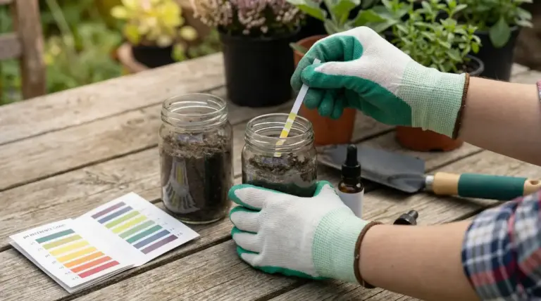 Mani con guanti eseguono un test del pH del terreno in un barattolo con cartina indicatrice su un tavolo da giardino