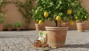 Pianta di limone in vaso di terracotta con frutti, annaffiatoio e concime su un patio