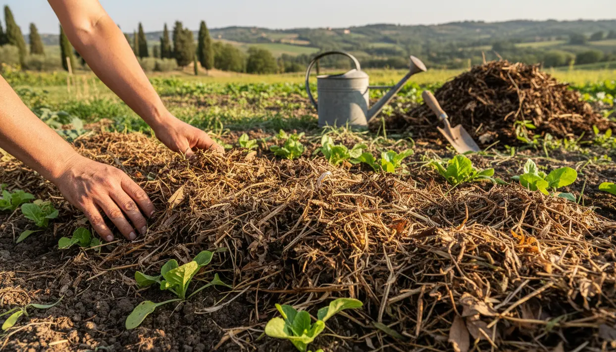 Persona che stende pacciamatura di paglia nell’orto tra giovani piantine per mantenere il suolo fertile
