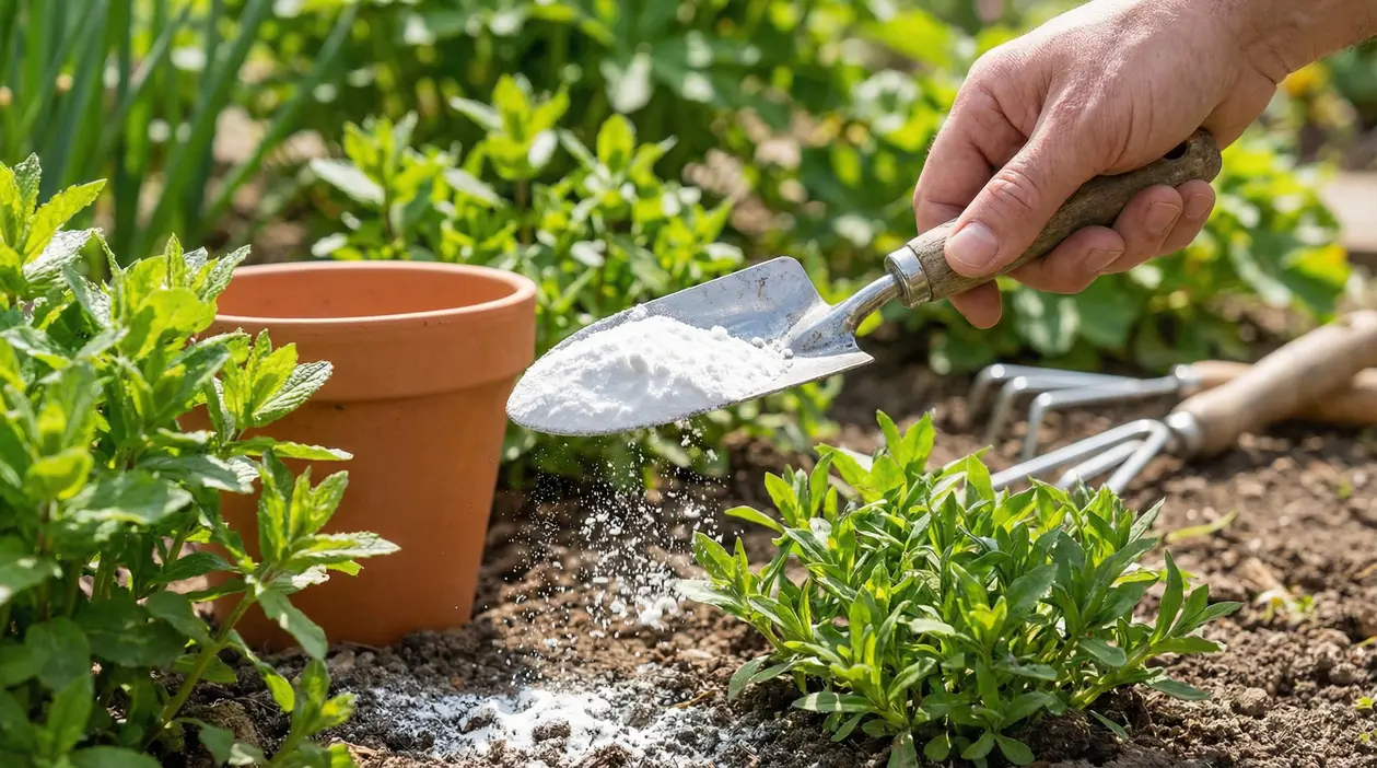 Mano che sparge bicarbonato sul terreno dell’orto vicino a piantine verdi e un vaso di terracotta