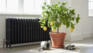 Pianta di limone in vaso vicino a un termosifone e a una finestra luminosa in casa