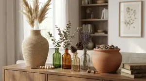 Vasi decorativi riempiti con pampas, eucalipto, pigne, lavanda e ciottoli su un mobile in soggiorno