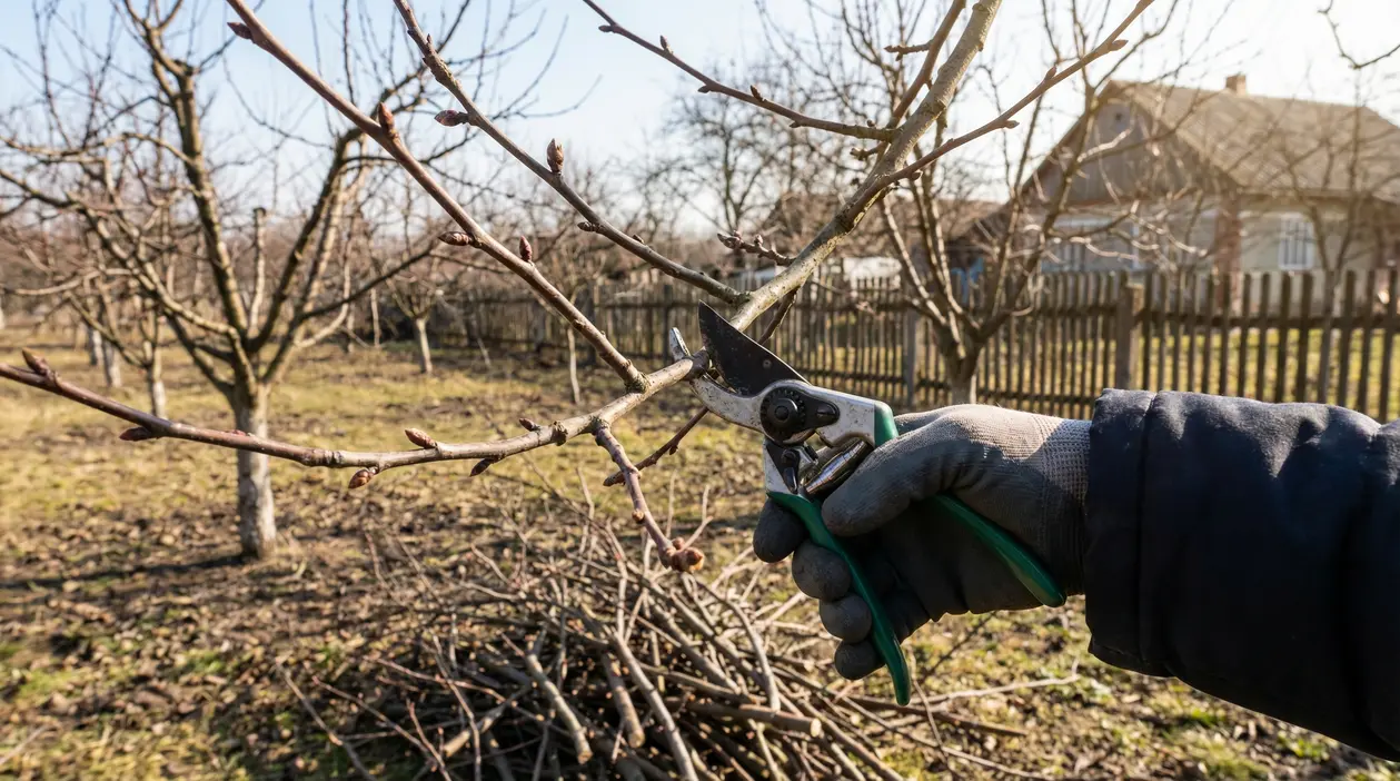 Mano con guanto che pota un ramo di albero da frutto con forbici da potatura in un frutteto
