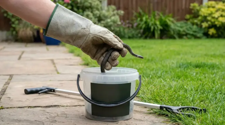 Mano con guanto che afferra una biscia e la mette in un secchio in giardino, per cattura sicura