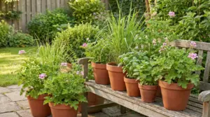 Vasi di terracotta con piante aromatiche e fiori su una panchina in giardino, ideali per tenere lontane le zanzare